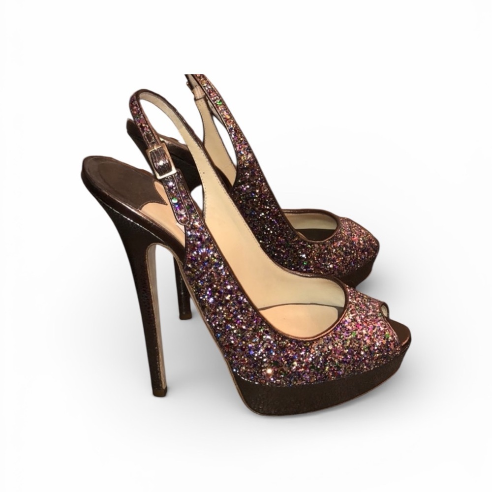 Jimmy Choo Iconic “Clue’ Multicolor Glitter Peep-Toe Slingback Heels